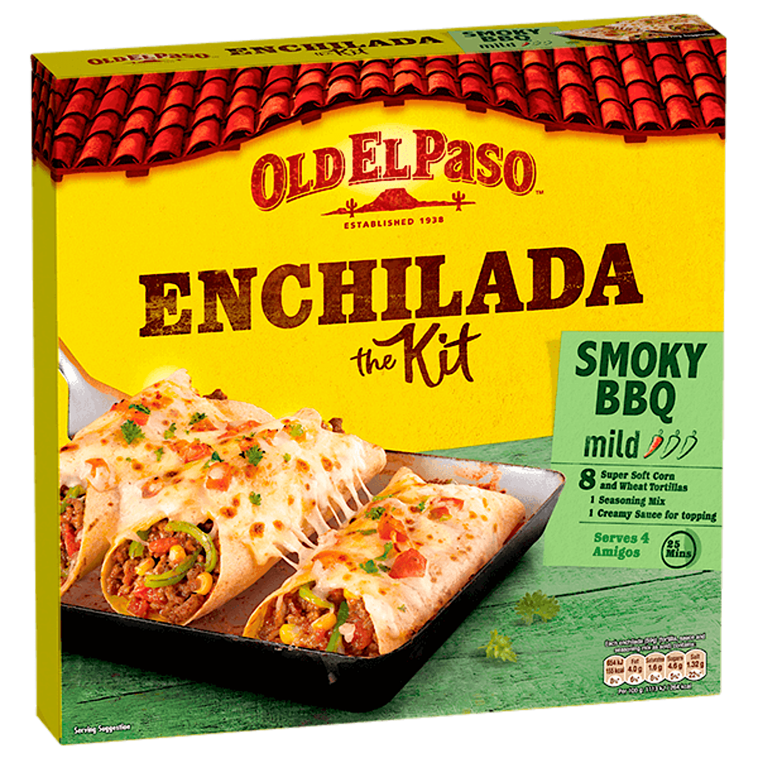pack of Old El Paso's smoky bbq mild enchilada kit containing corn & wheat tortillas, spice mix & creamy sauce